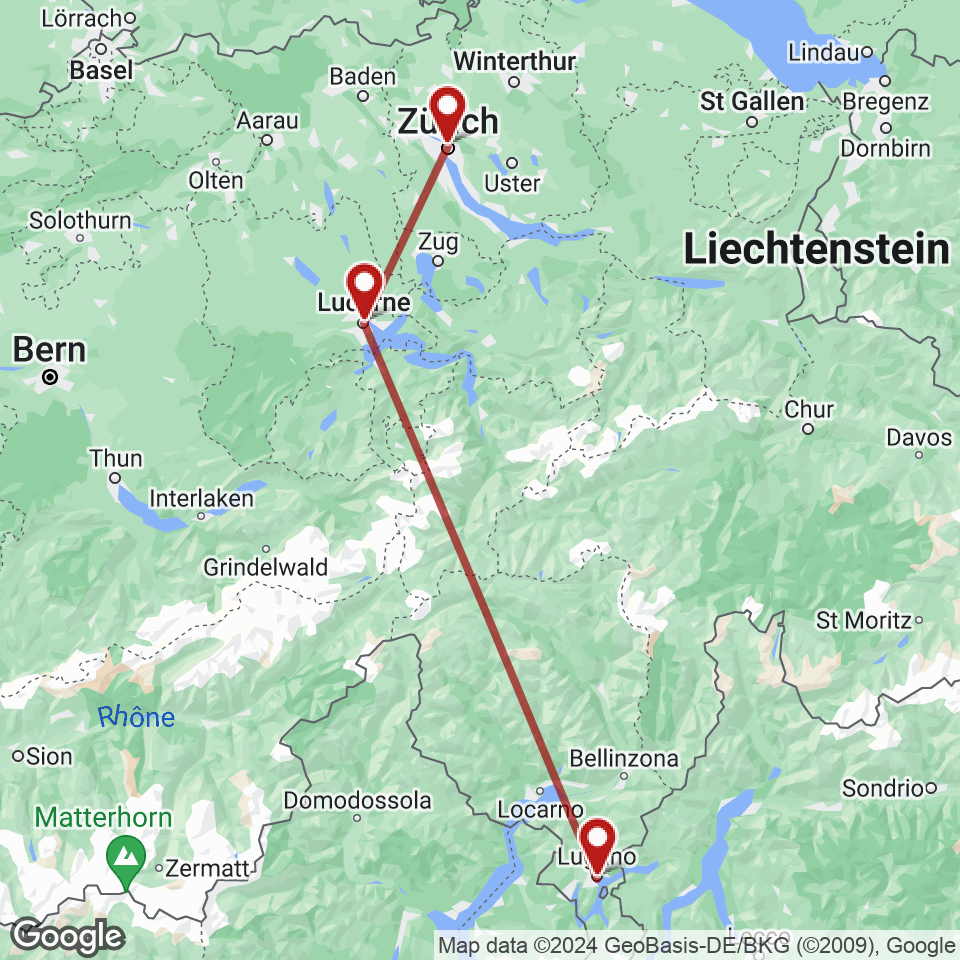 Route for Lugano, Lucerne, Zurich tour